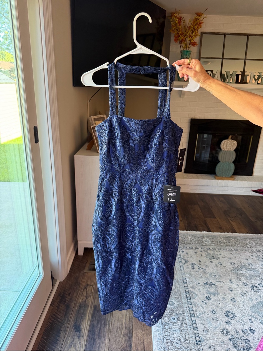 Lulu's Navy Blue Lace Midi Dress with Square Neck